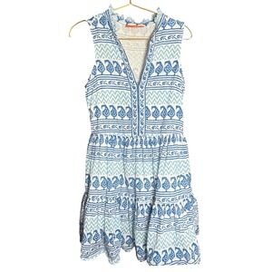 Oliphant Blue White cotton Chevron Tiered Ruffle Sleeveless SunDress  S